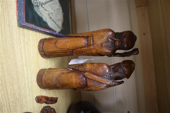 Two Chinese bamboo figures of immortal, a wood figure of a luohan and a wood belt hook tallest 27cm